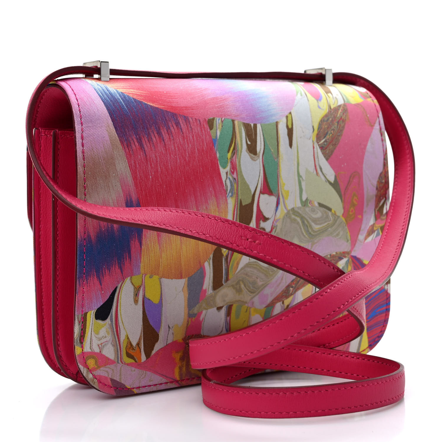 [TOP] HERMES Swift Silk Marble Printed Constance Bag 17.8x15.3x3.8cm - Rose