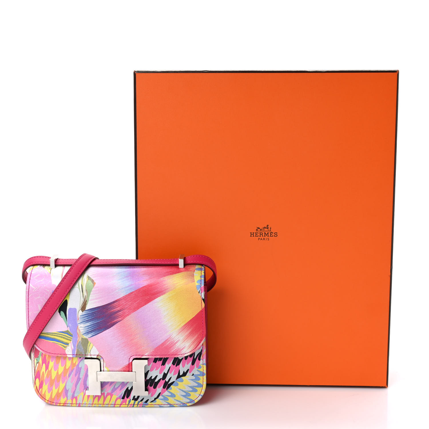 [TOP] HERMES Swift Silk Marble Printed Constance Bag 17.8x15.3x3.8cm - Rose