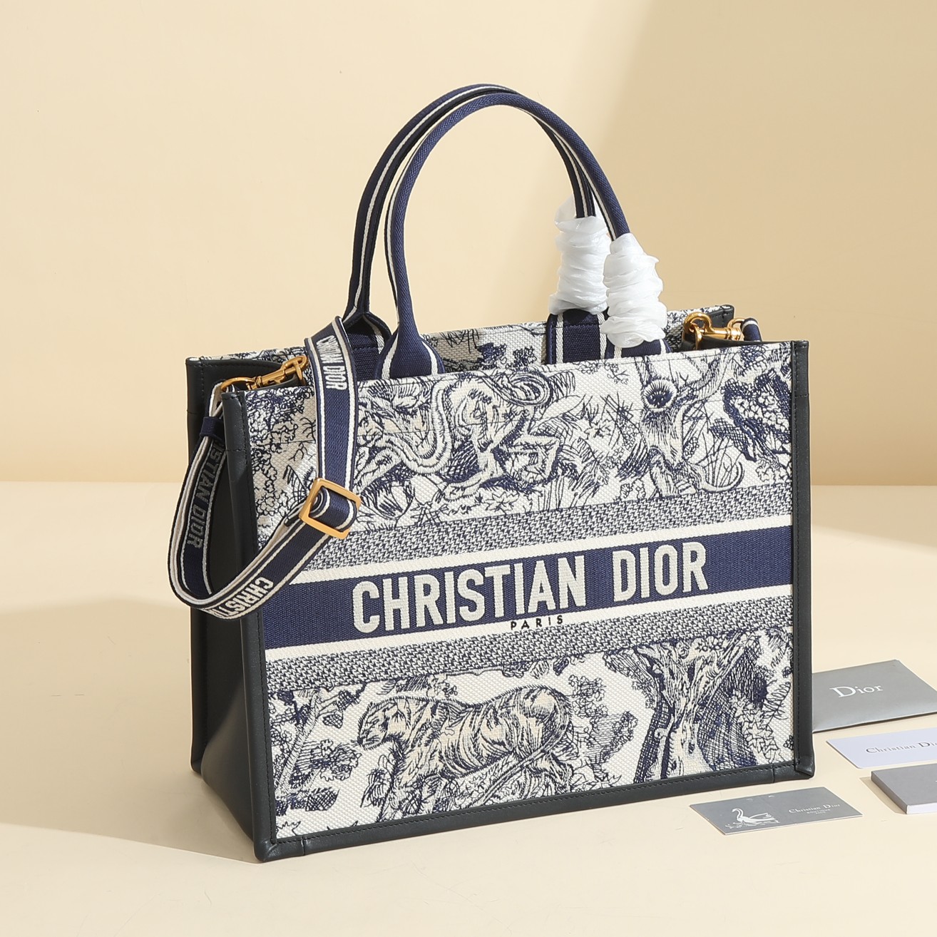 [TOP] Christian Dior Book Tote Bag Tiger 26.5x21x14cm/36x27x16.2cm - Navy Blue