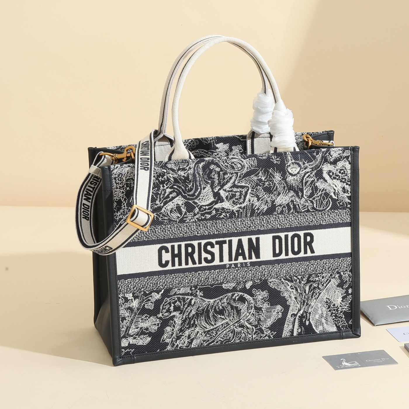 [TOP] Christian Dior Book Tote Bag Tiger 26.5x21x14cm/36x27x16.2cm - Black