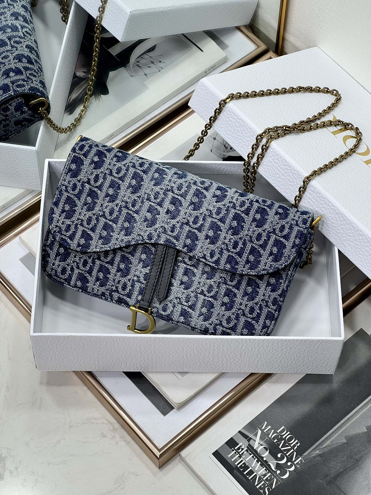 [TOP] Christian Dior Saddle Chain Handbag 21.5*12.5*3.7cm - Denim