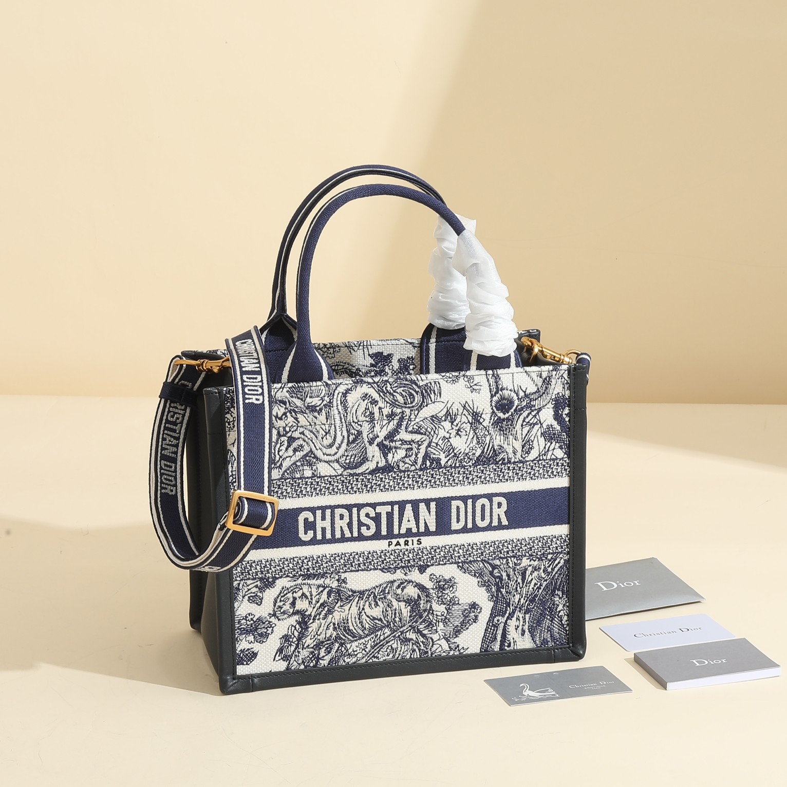 [TOP] Christian Dior Book Tote Bag Tiger 26.5x21x14cm/36x27x16.2cm - Navy Blue