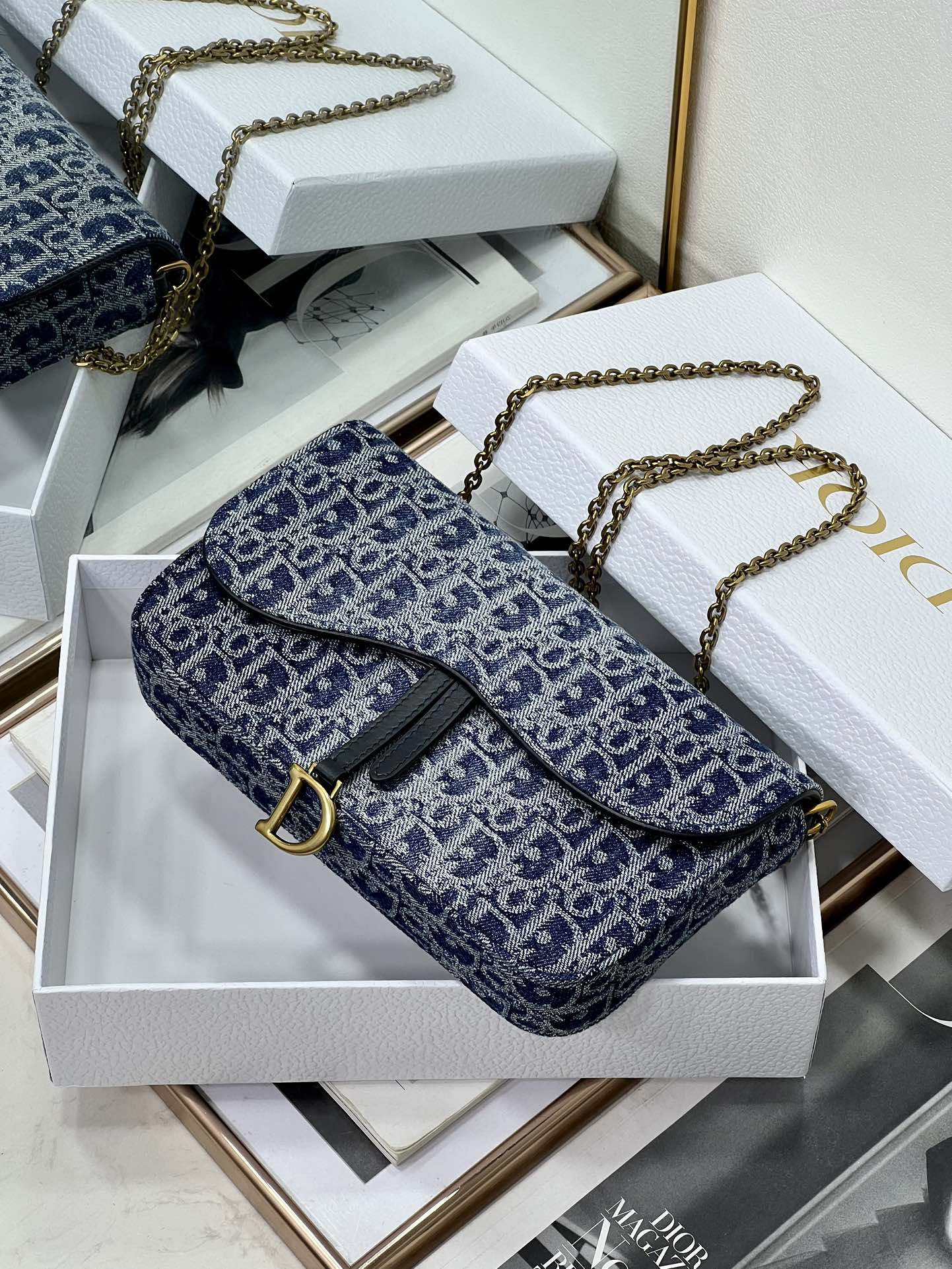 [TOP] Christian Dior Saddle Chain Handbag 21.5*12.5*3.7cm - Denim