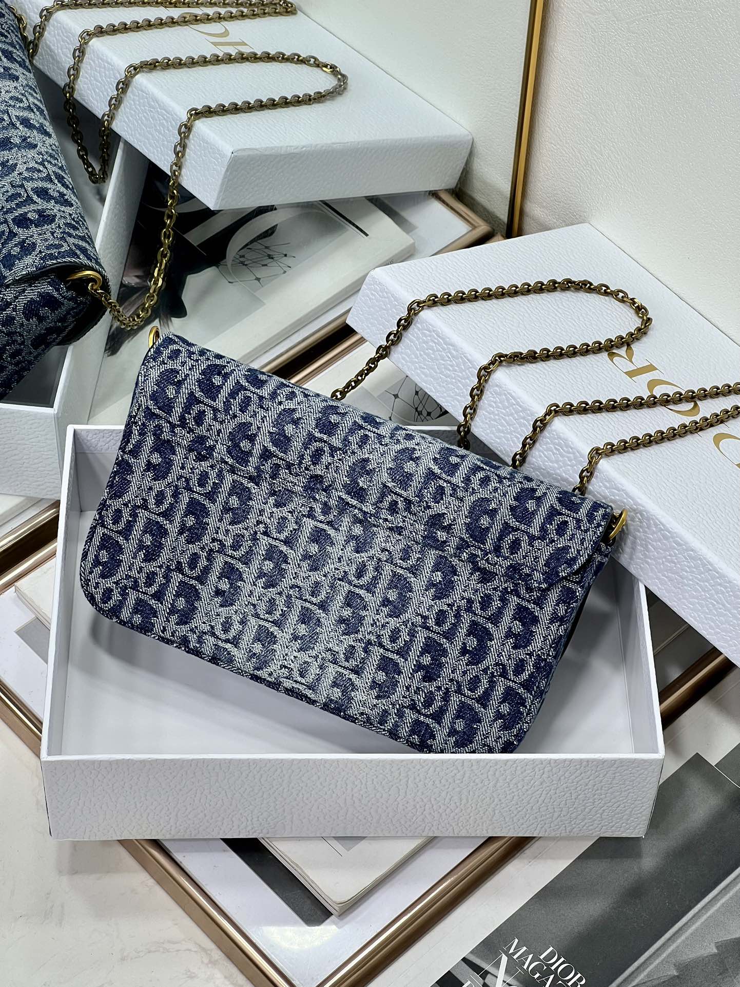 [TOP] Christian Dior Saddle Chain Handbag 21.5*12.5*3.7cm - Denim