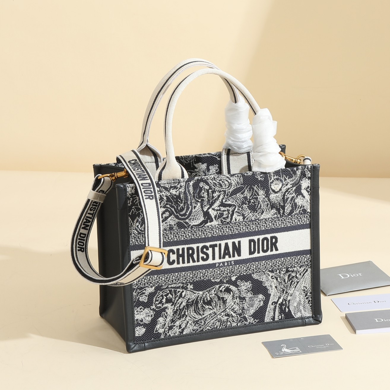 [TOP] Christian Dior Book Tote Bag Tiger 26.5x21x14cm/36x27x16.2cm - Black