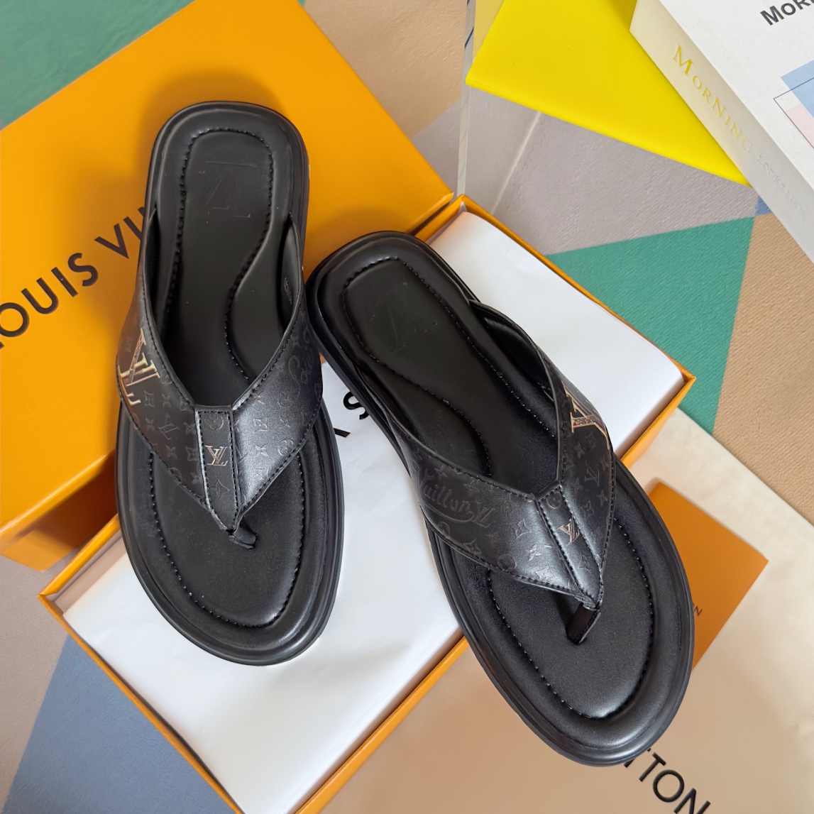 [TOP] Louis Vuitton LV Men's Leather Slides - 5 Color