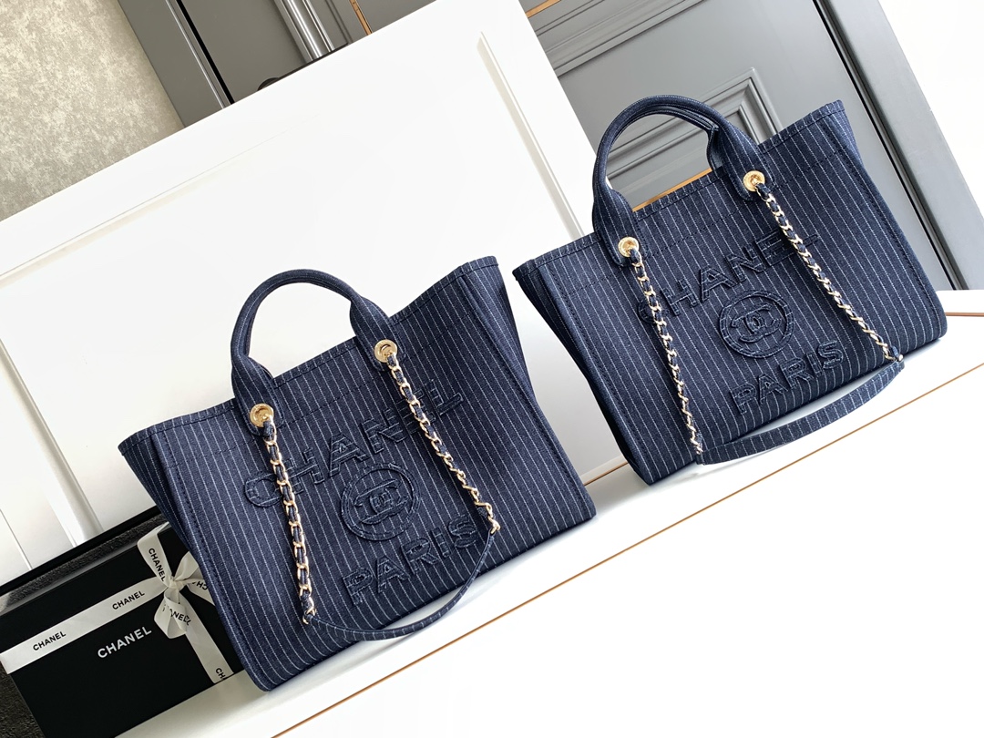 [TOP] CHANEL Deauville Tote Shopping Bag 32cm/38cm - Striped Denim