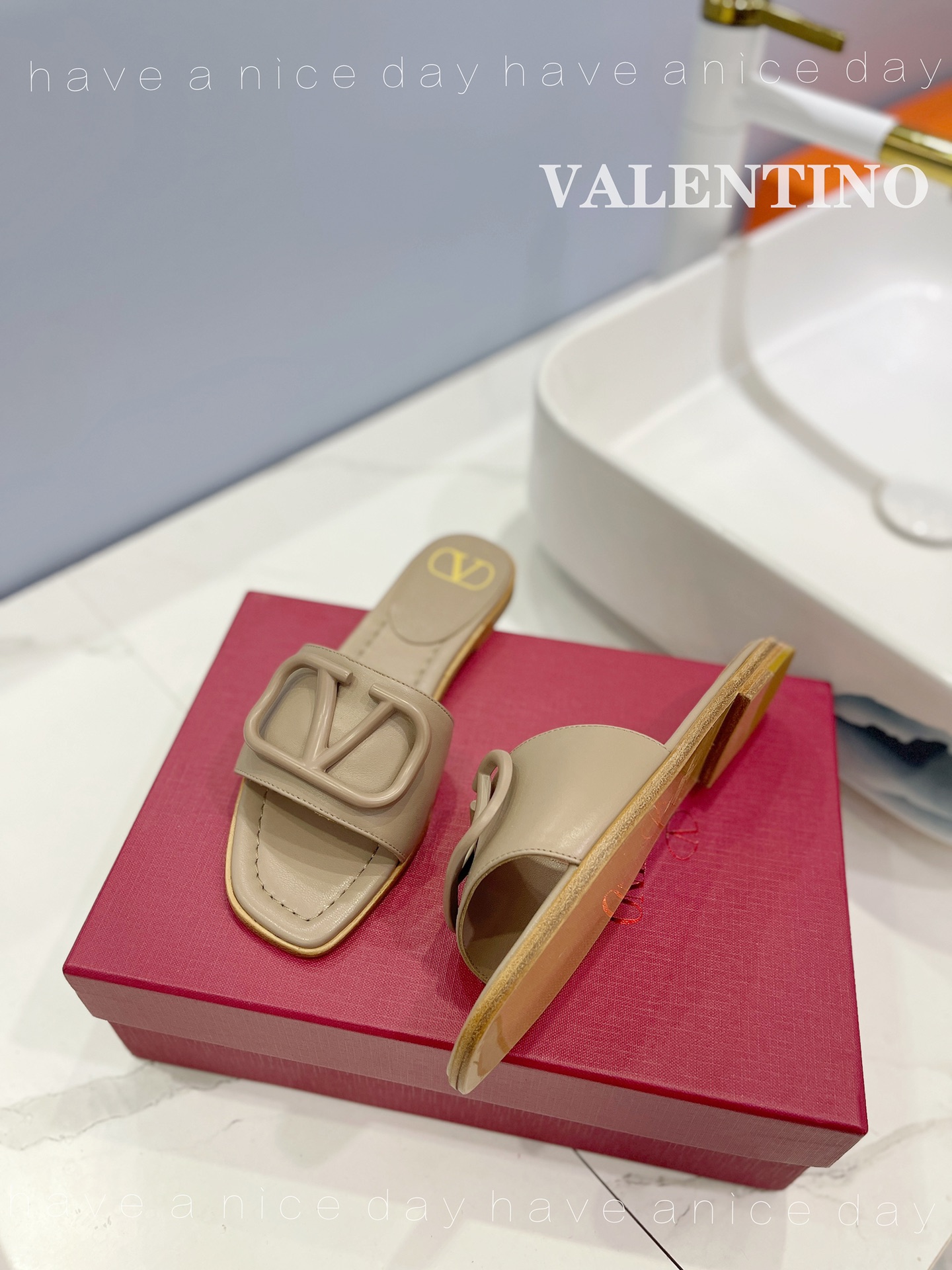 Only One [TOP] VALENTINO Slippers with Logo  - Apricot - No refund or exchange