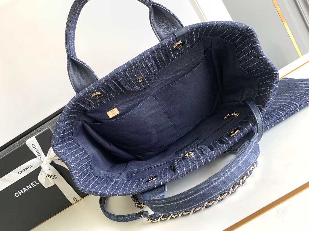 [TOP] CHANEL Deauville Tote Shopping Bag 32cm/38cm - Striped Denim