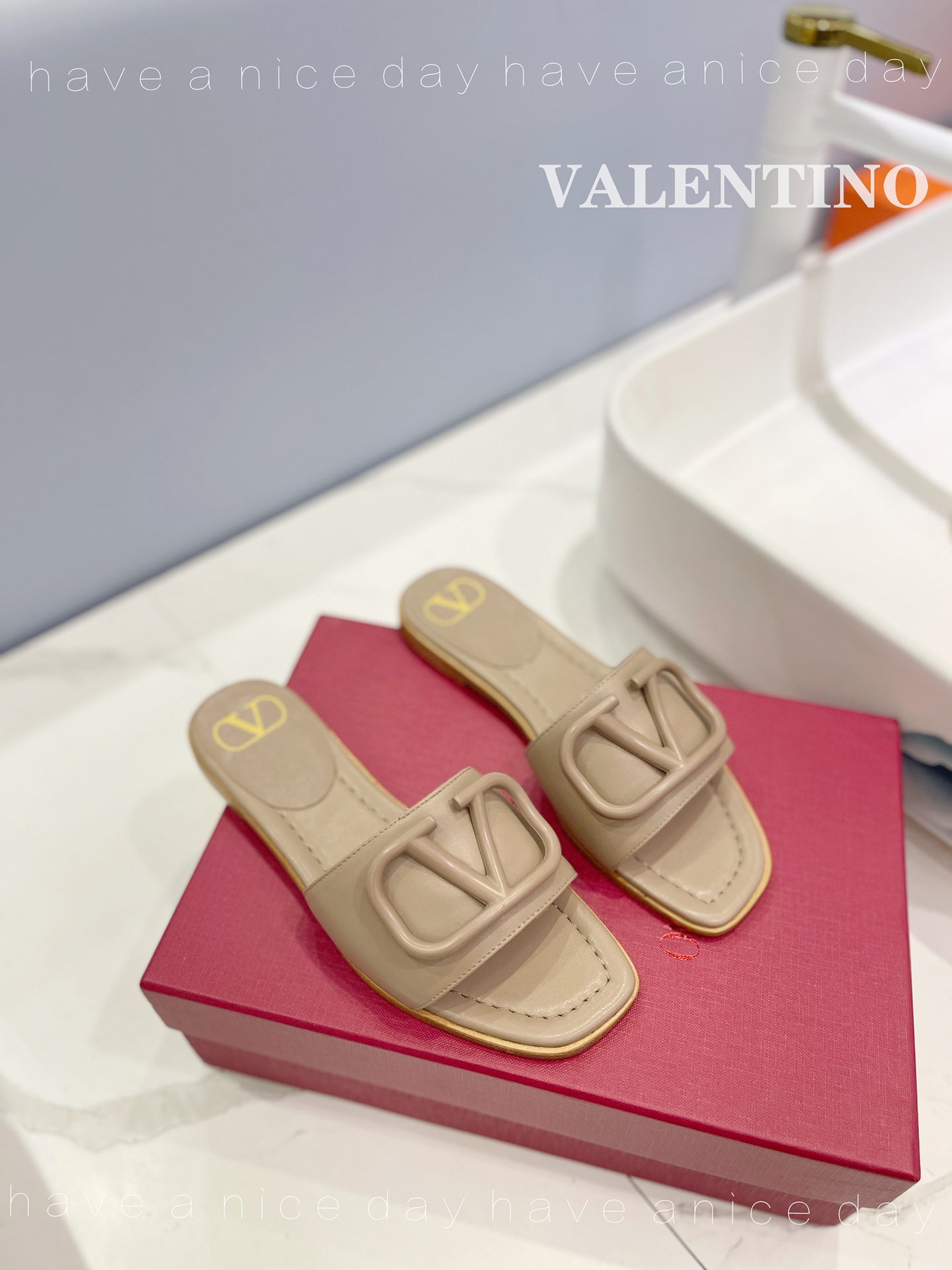 Only One [TOP] VALENTINO Slippers with Logo  - Apricot - No refund or exchange