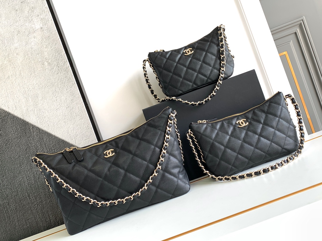 [TOP] CHANEL Calfskin Hobo Bag 15.5x20.5x6.5cm/19x24.5x9cm/35x23x11cm - Black