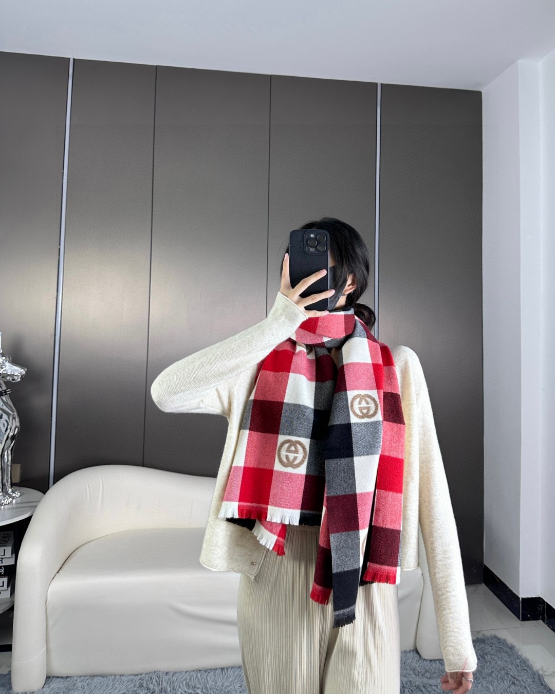 [TOP] GUCCI Cashmere Scarf 45×185 cm-Red