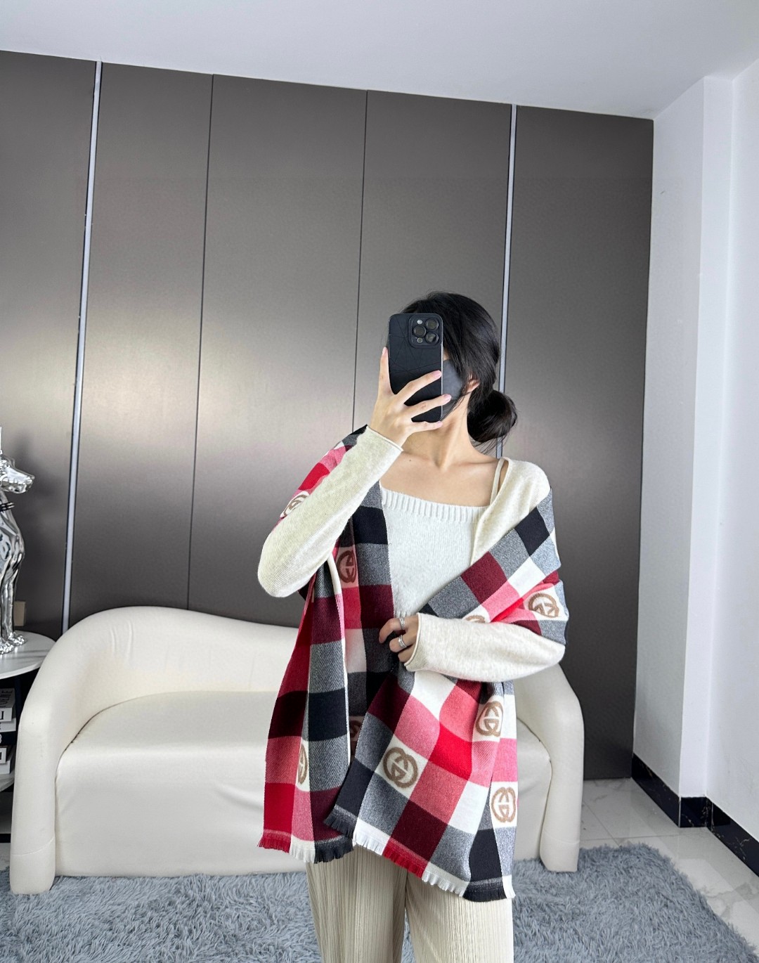 [TOP] GUCCI Cashmere Scarf 45×185 cm-Red