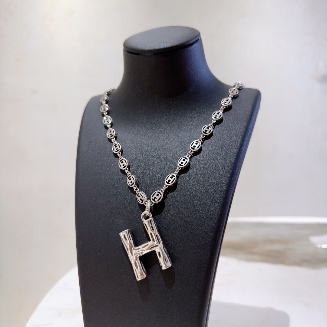 [TOP] HERMES H Long Necklace-Sliver