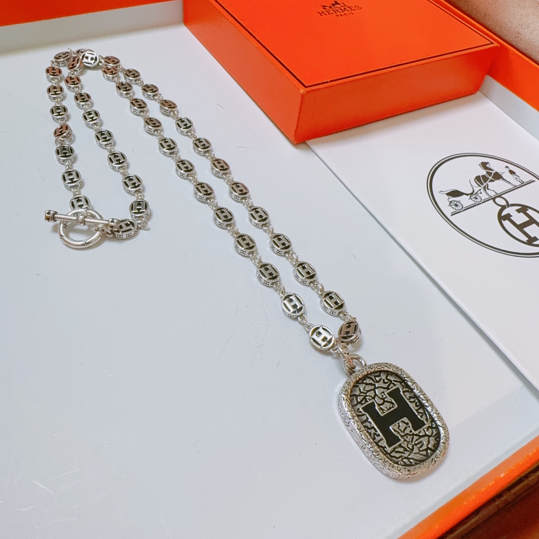 [TOP] HERMES H Long Necklace-Sliver