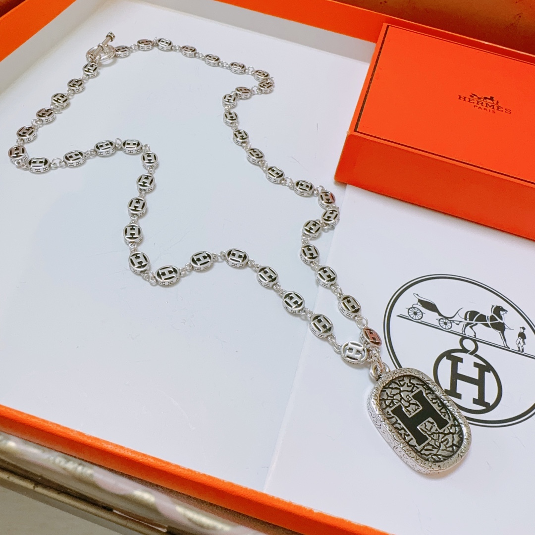 [TOP] HERMES H Long Necklace-Sliver