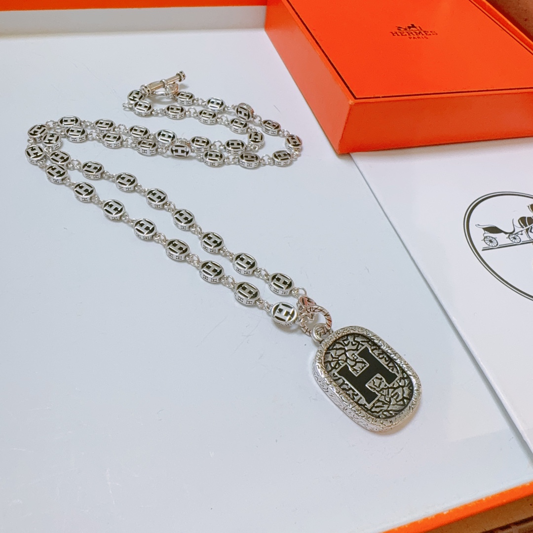 [TOP] HERMES H Long Necklace-Sliver