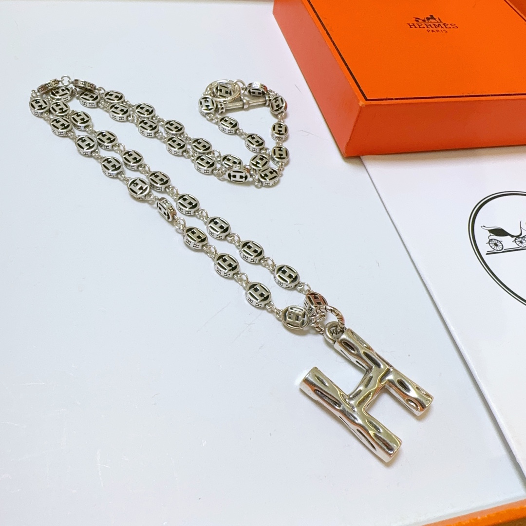 [TOP] HERMES H Long Necklace-Sliver
