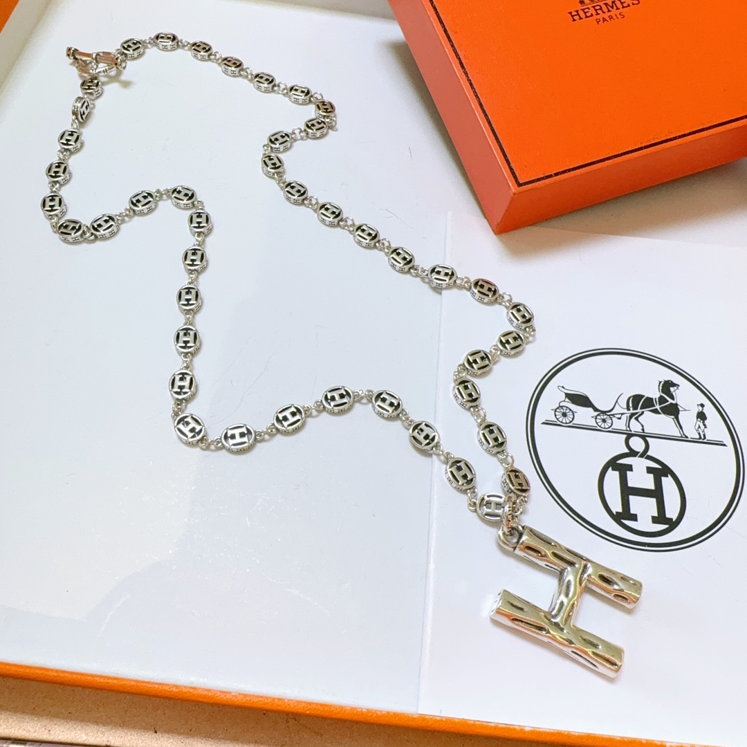 [TOP] HERMES H Long Necklace-Sliver