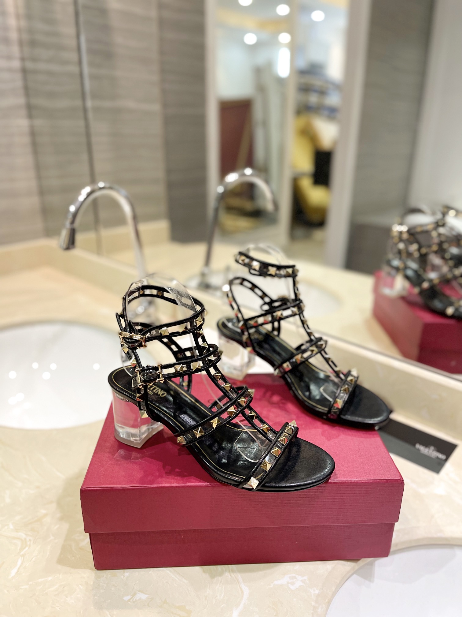 [TOP] VALENTINO Crystal Heel Sandals with Mini Rivets  - 5 Color