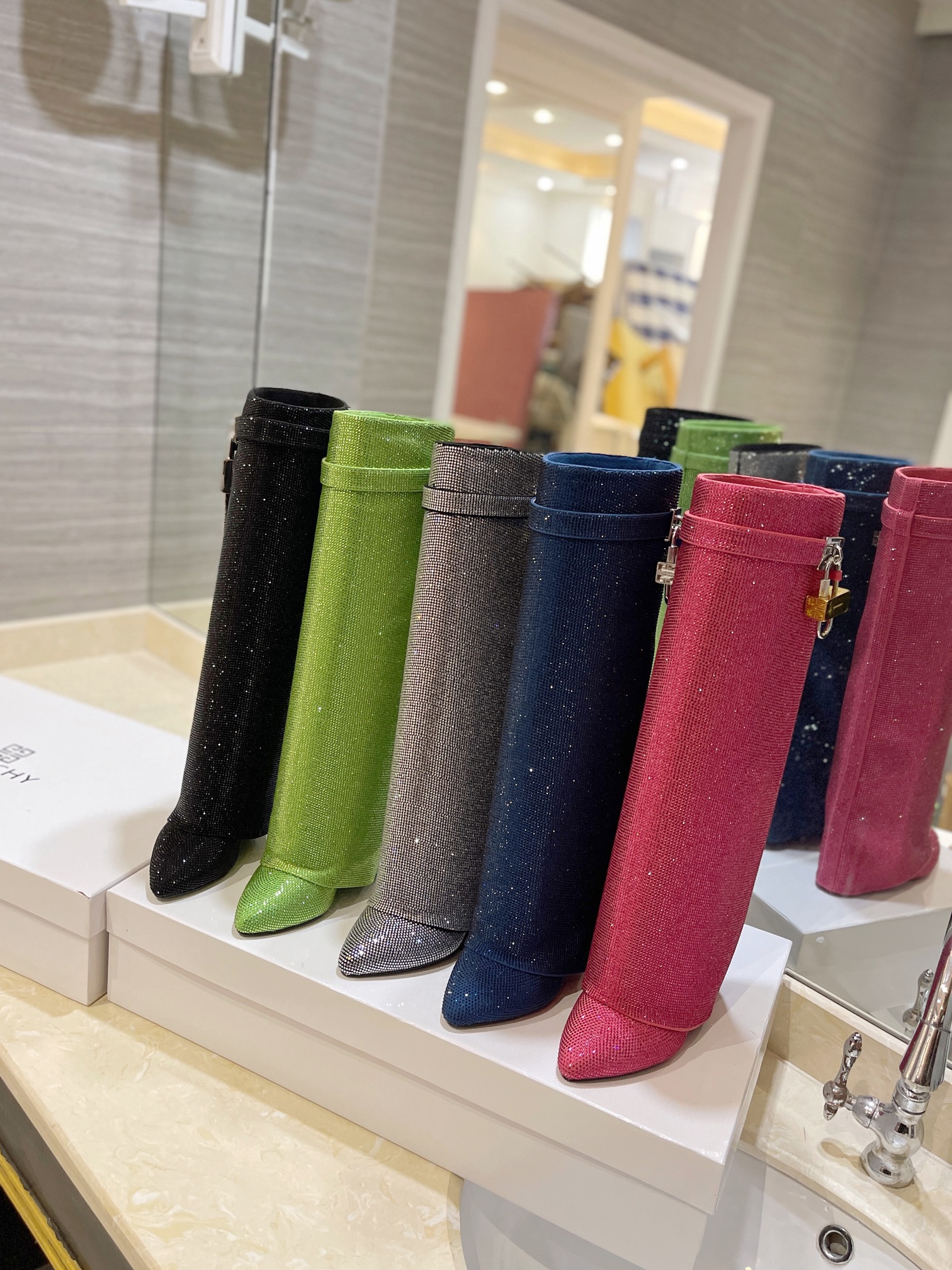 [TOP] GIVENCHY Solid Color High Heel Long Boots with Small Diamond  - 5 Color