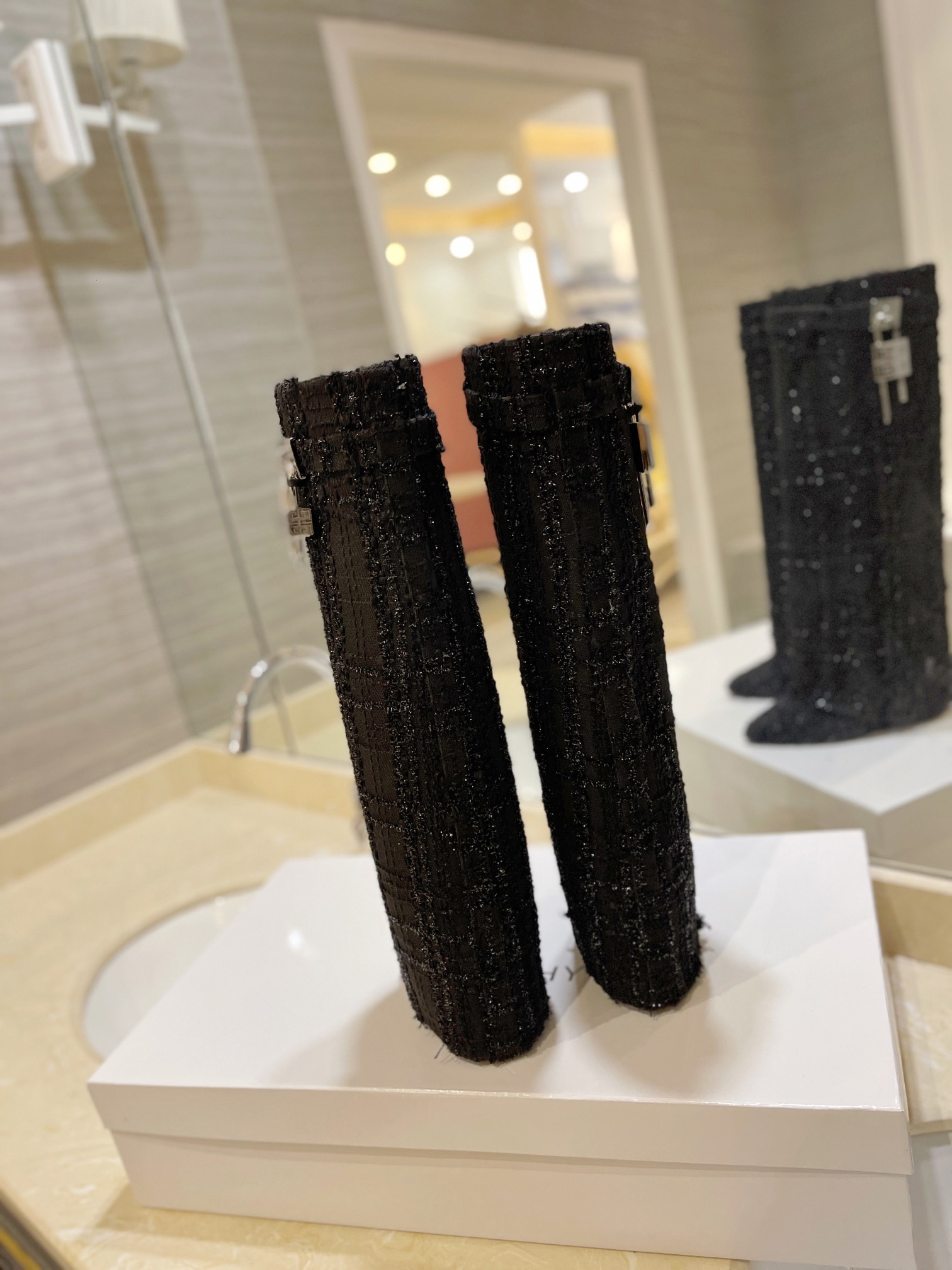 [TOP] GIVENCHY Jacquard Plaid Fabric Height Heel Long Boots - Black