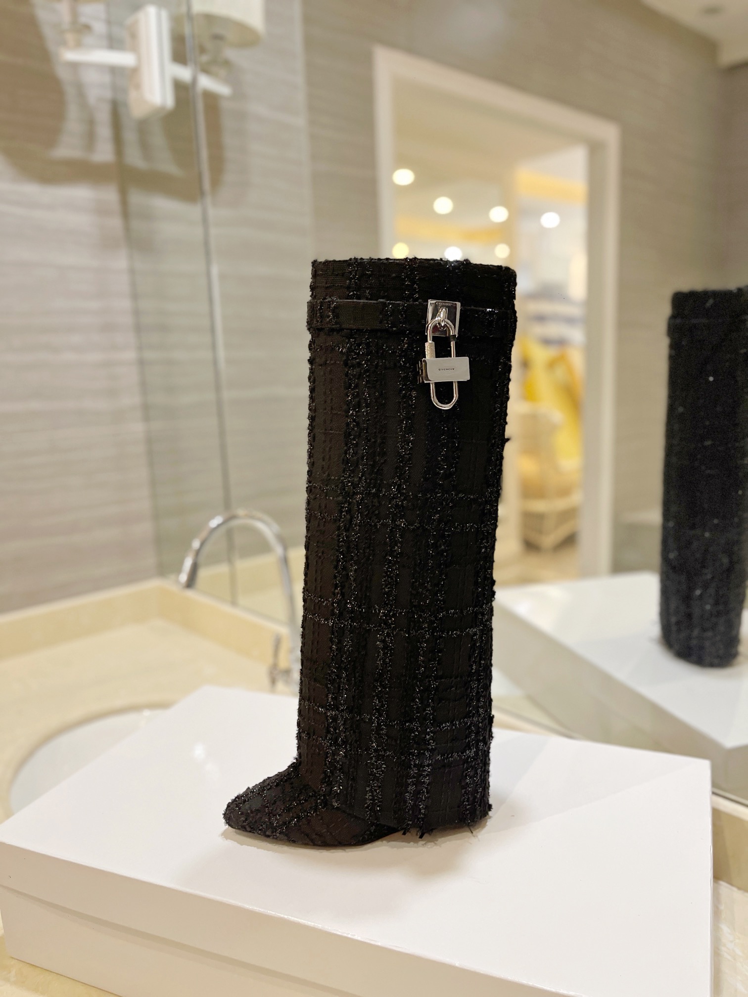 [TOP] GIVENCHY Jacquard Plaid Fabric Height Heel Long Boots - Black