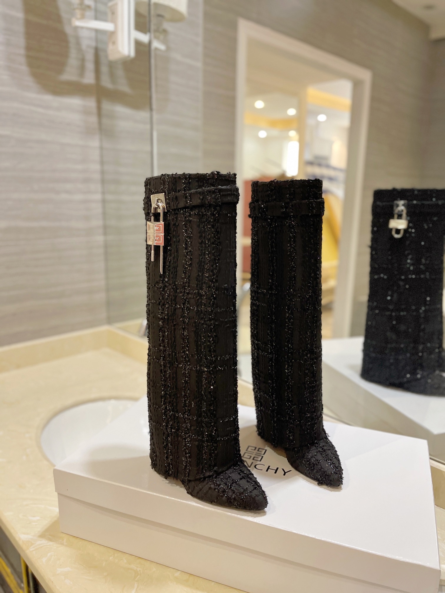 [TOP] GIVENCHY Jacquard Plaid Fabric Height Heel Long Boots - Black