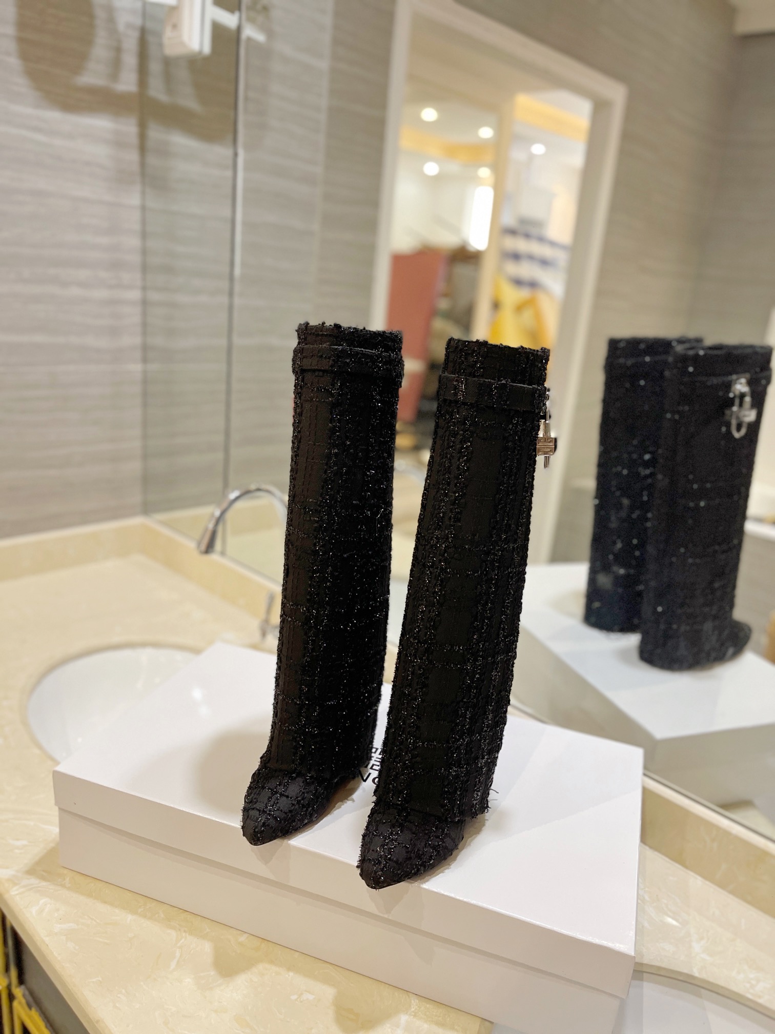 [TOP] GIVENCHY Jacquard Plaid Fabric Height Heel Long Boots - Black