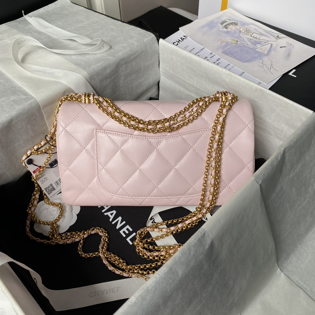 [TOP] CHANEL Flab Bag Lambskin 15×26×7cm - Pink & GHW