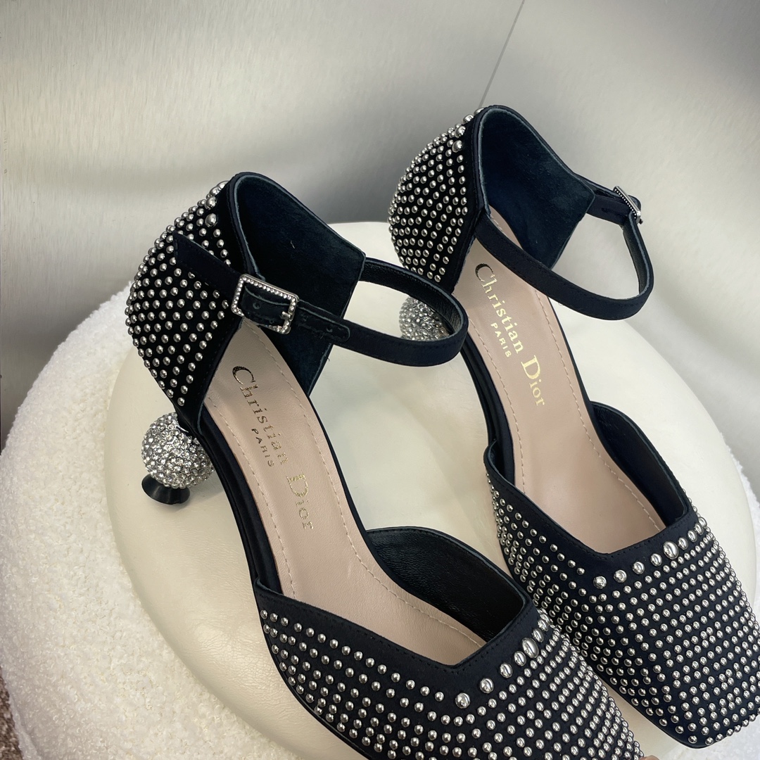 [TOP] Christian Dior Rhinestones Pumps with Rhinestone Mid Heel - Black