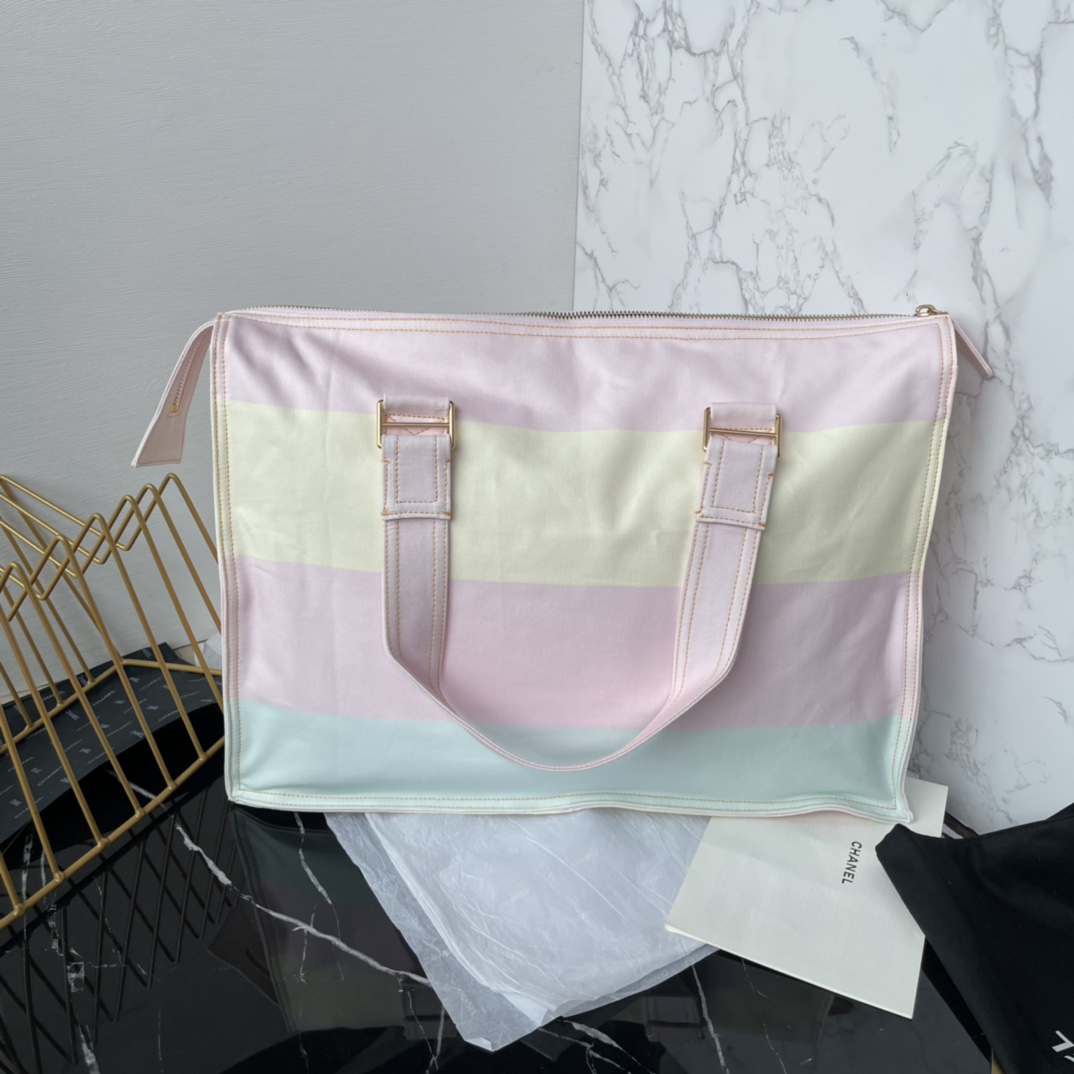 [TOP] CHANEL Tote Shopping Bag 45×30×9.5 cm - Light Pink, Light Yellow & Light Blue