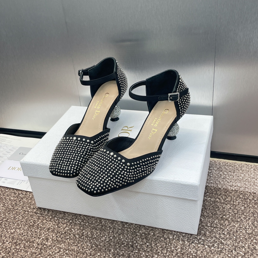 [TOP] Christian Dior Rhinestones Pumps with Rhinestone Mid Heel - Black