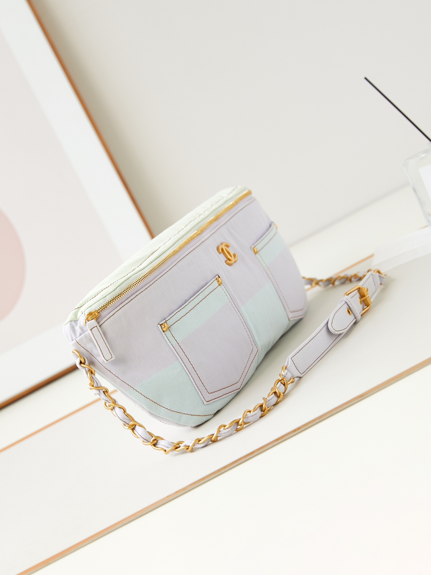 [TOP] CHANEL Large Waist Bag 19×45×9 cm-Light Pink, Light Yellow & Light Blue