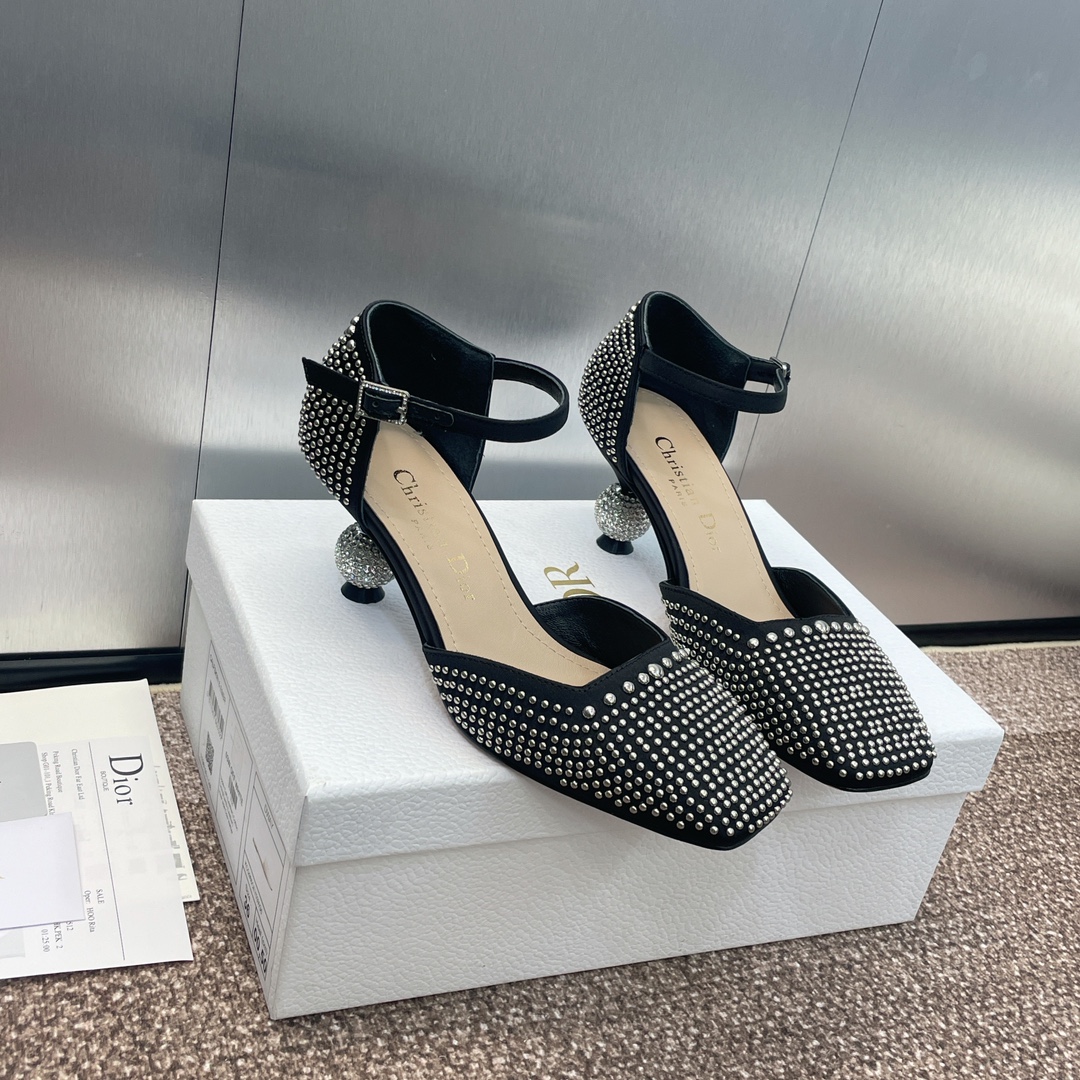 [TOP] Christian Dior Rhinestones Pumps with Rhinestone Mid Heel - Black