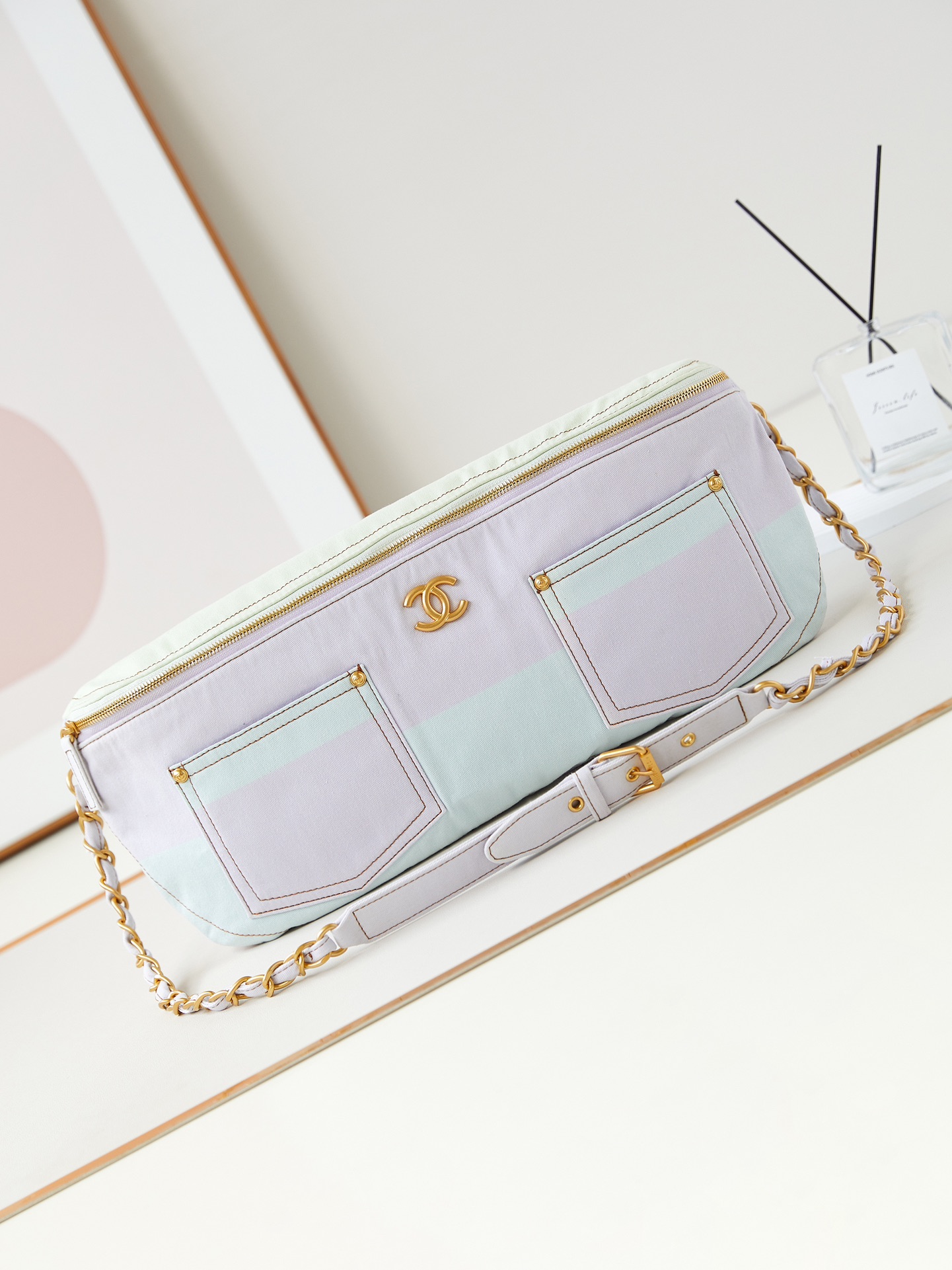 [TOP] CHANEL Large Waist Bag 19×45×9 cm-Light Pink, Light Yellow & Light Blue
