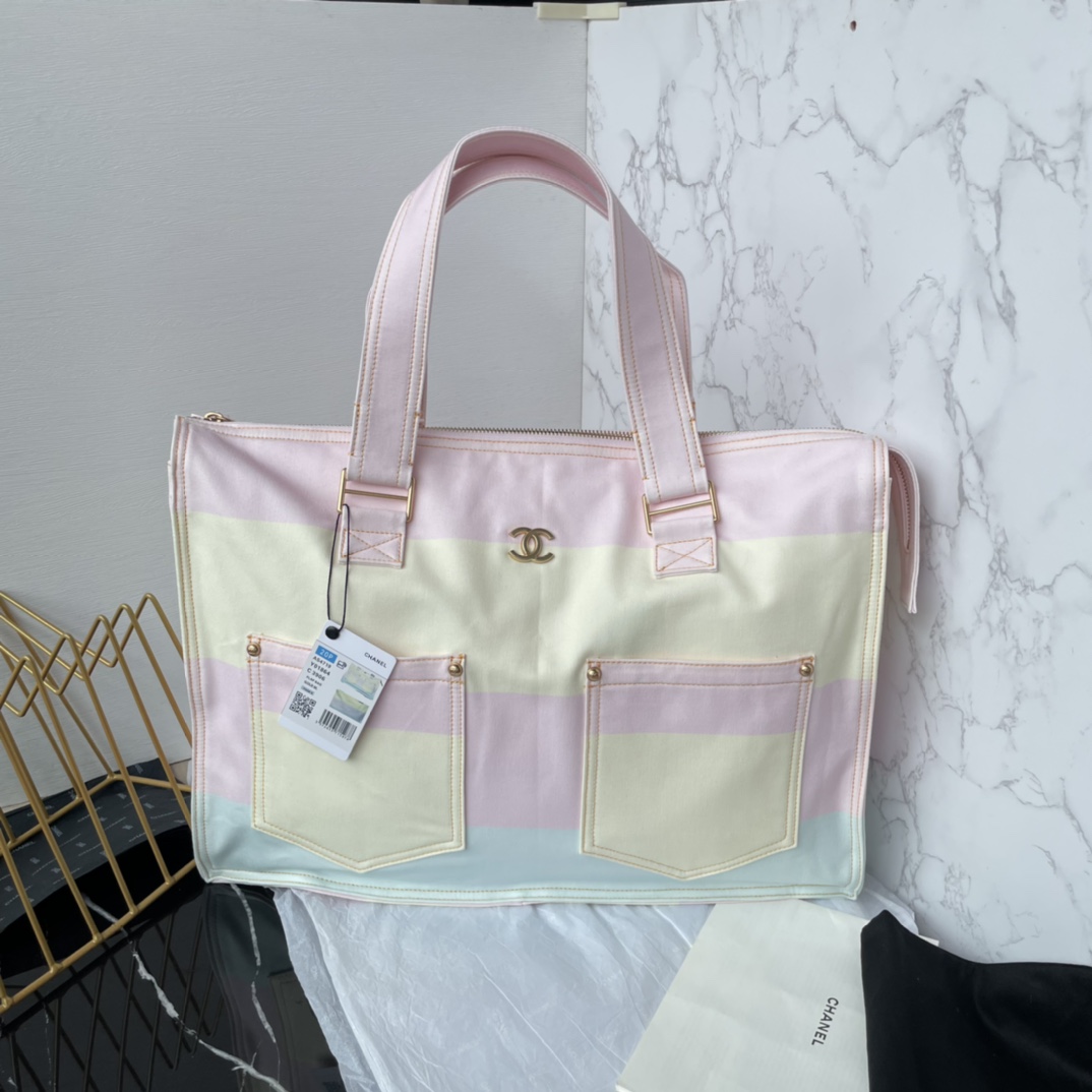 [TOP] CHANEL Tote Shopping Bag 45×30×9.5 cm - Light Pink, Light Yellow & Light Blue