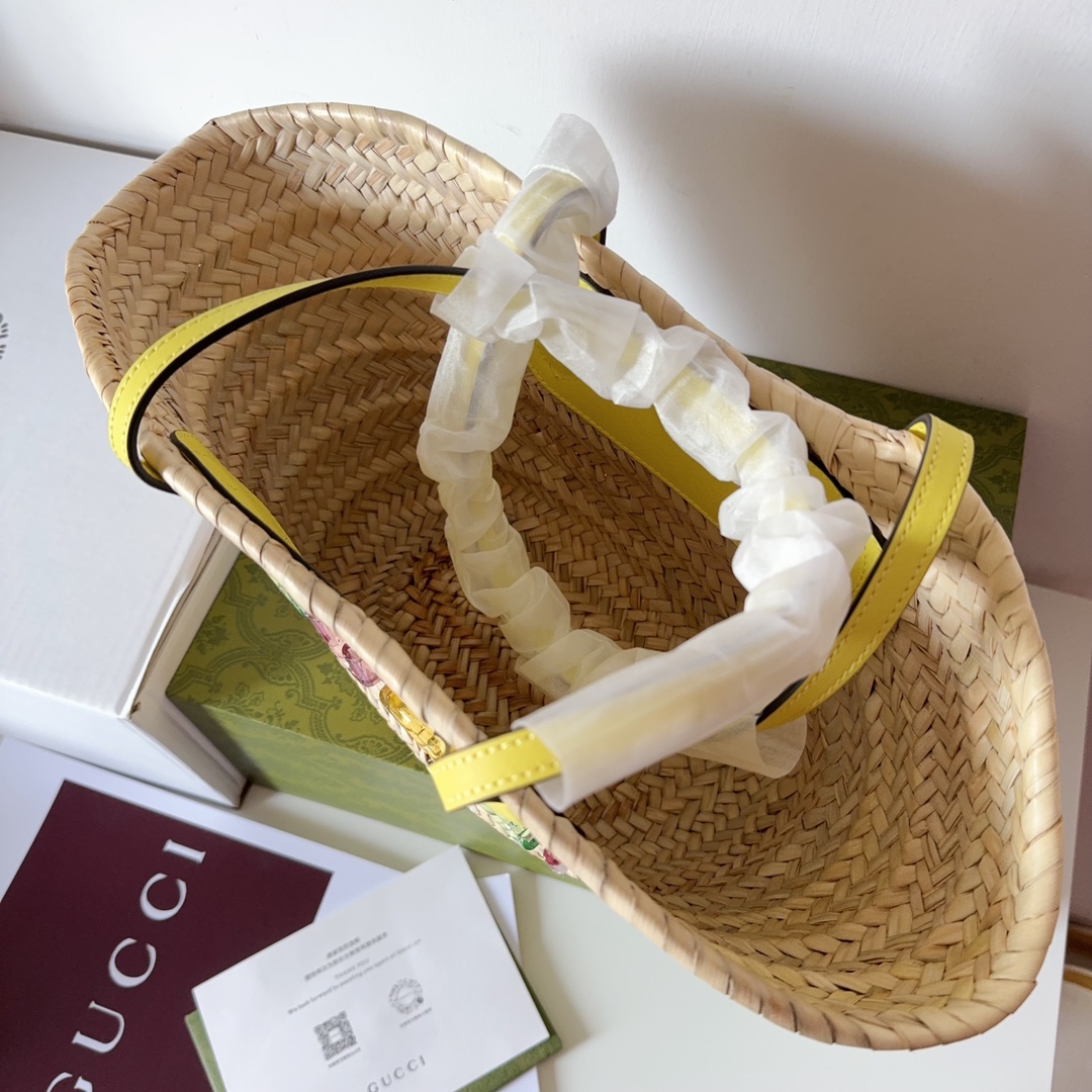 [TOP] GUCCI Mini Straw Tote Bag with Gucci Logo - 20.5 x 19.5 x 13 cm