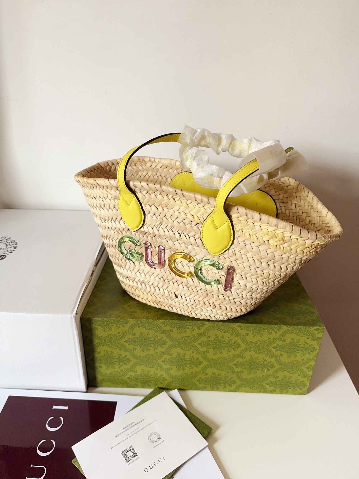 [TOP] GUCCI Mini Straw Tote Bag with Gucci Logo - 20.5 x 19.5 x 13 cm