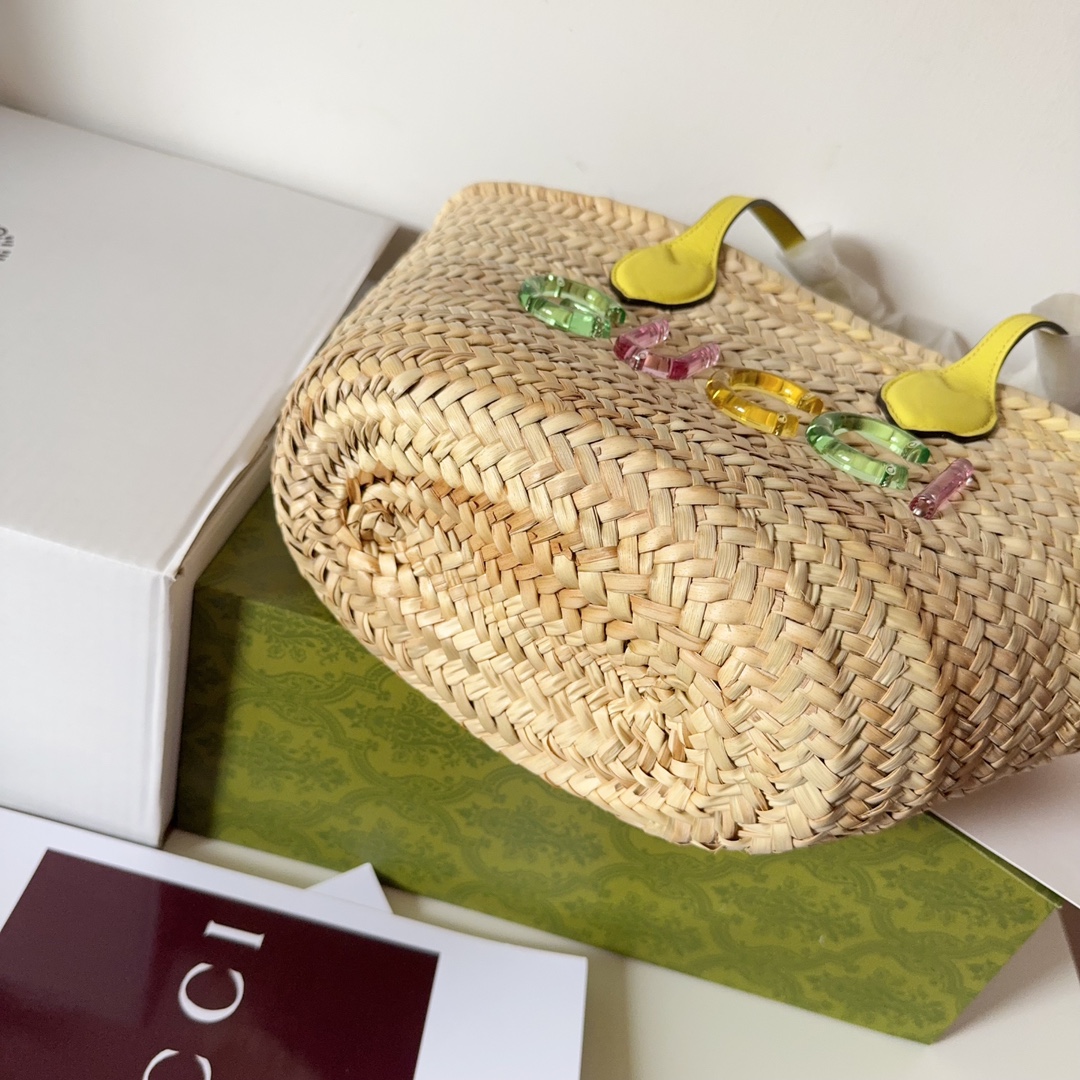 [TOP] GUCCI Mini Straw Tote Bag with Gucci Logo - 20.5 x 19.5 x 13 cm