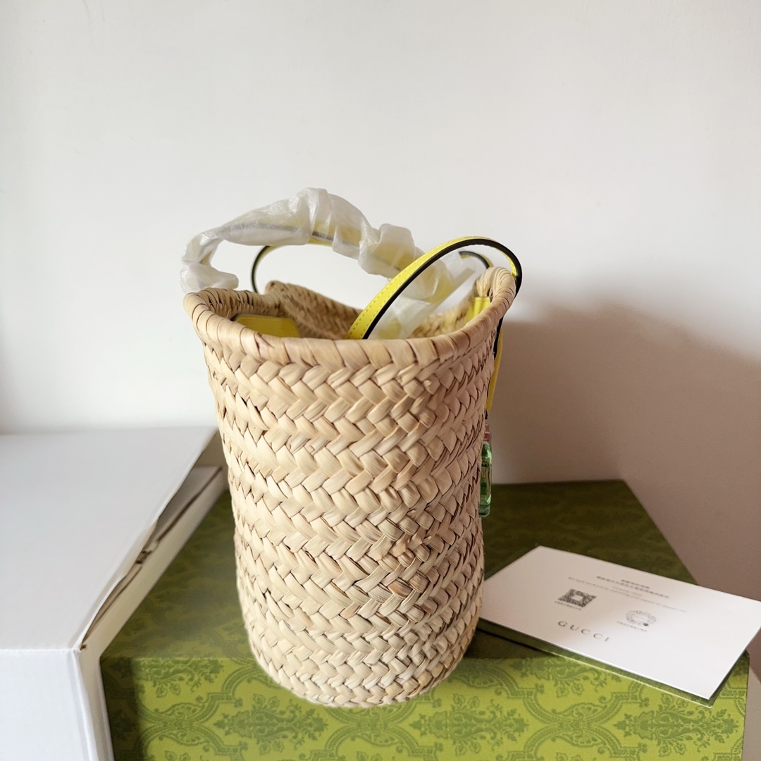 [TOP] GUCCI Mini Straw Tote Bag with Gucci Logo - 20.5 x 19.5 x 13 cm