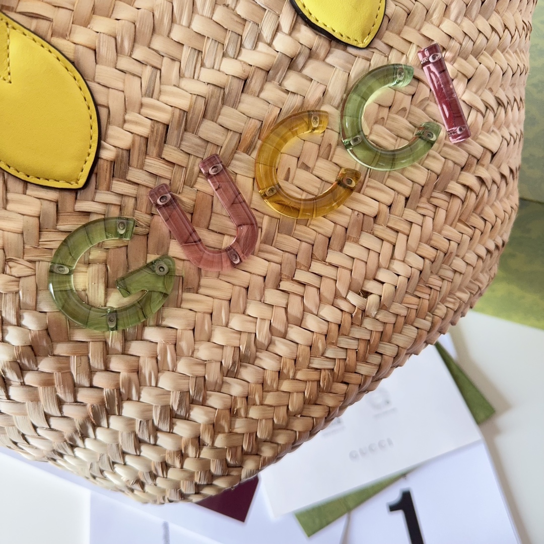 [TOP] GUCCI Mini Straw Tote Bag with Gucci Logo - 20.5 x 19.5 x 13 cm