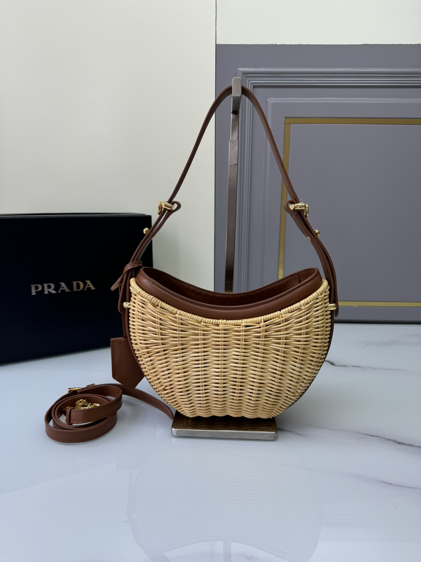 [TOP] PRADA Moon-Shaped Weaving Handbag 22.5*6*18.5cm - 2 Colour