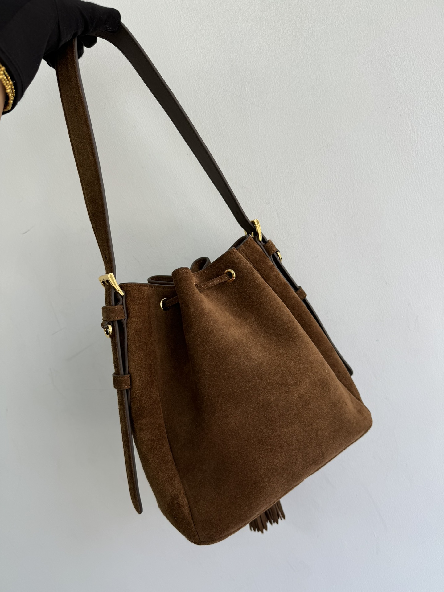 [TOP] PRADA Suede Bucket Bag 24×24cm - Brown
