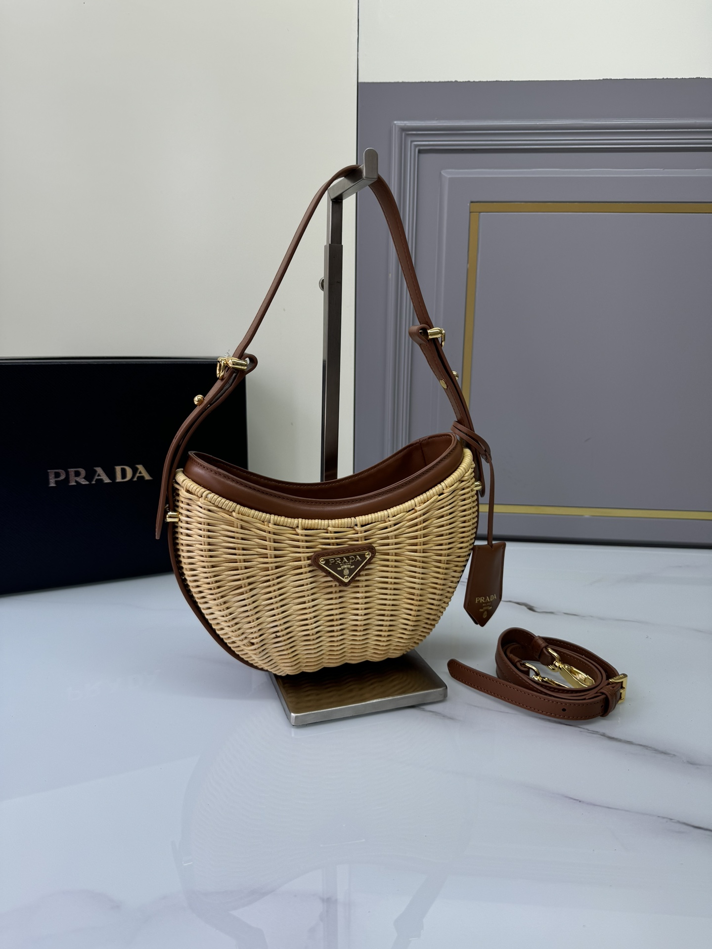 [TOP] PRADA Moon-Shaped Weaving Handbag 22.5*6*18.5cm - 2 Colour