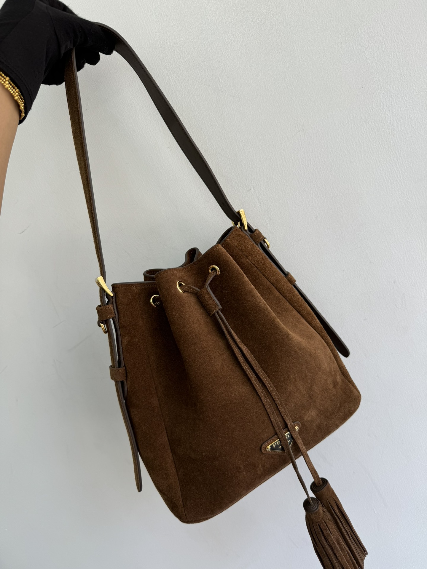 [TOP] PRADA Suede Bucket Bag 24×24cm - Brown