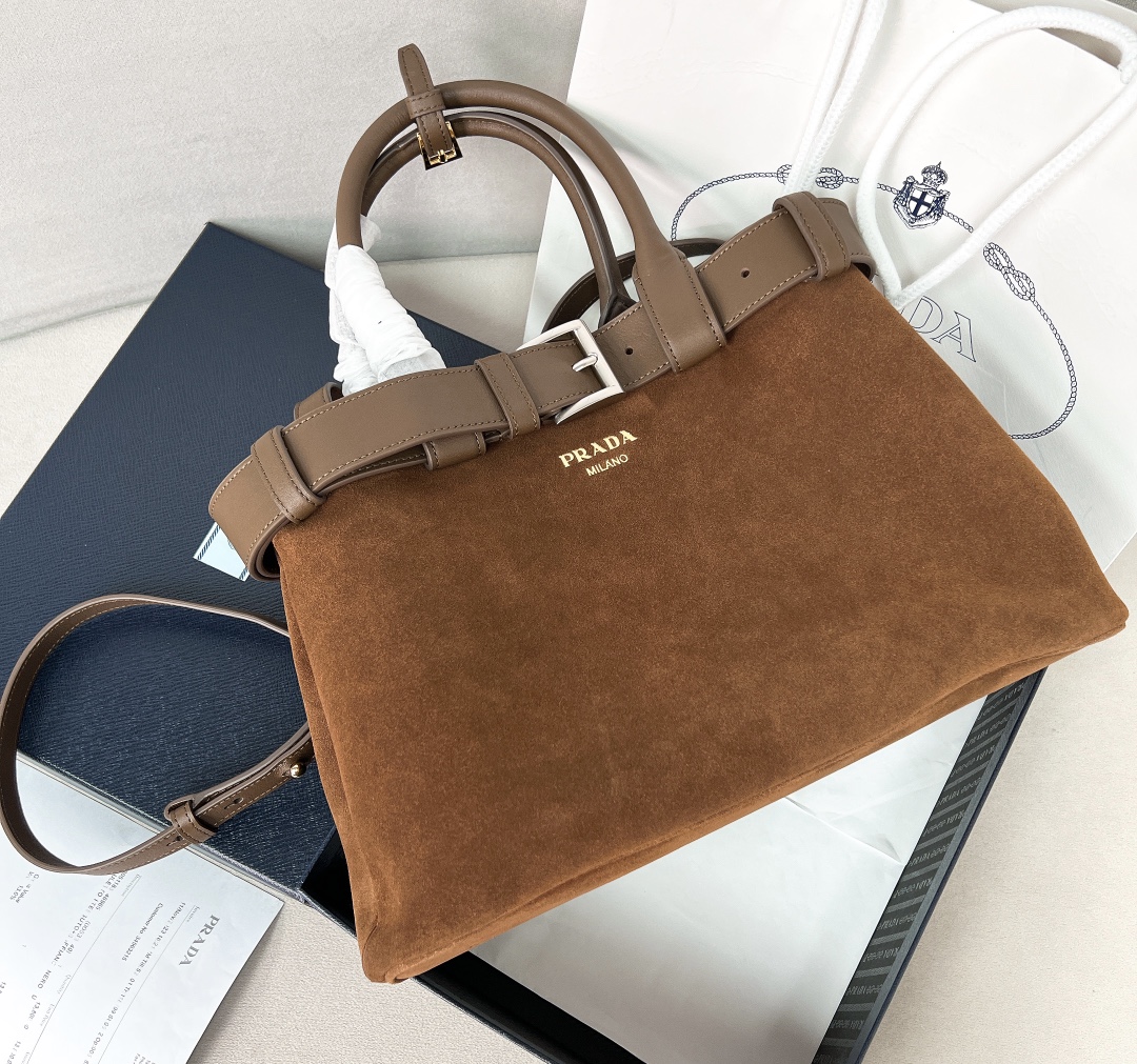 [TOP] PRADA Double Bag Suede 32x23x11cm - Brown