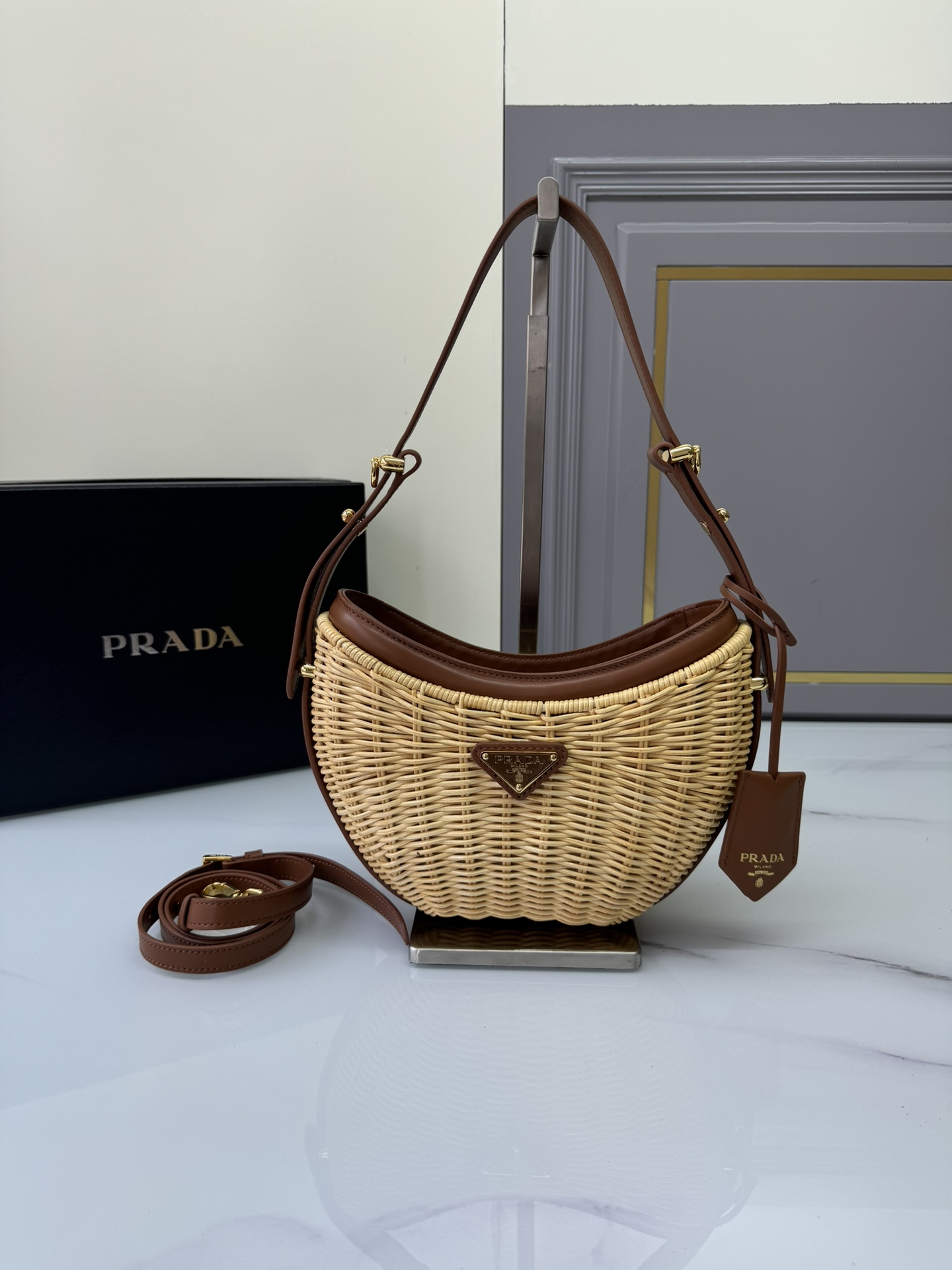 [TOP] PRADA Moon-Shaped Weaving Handbag 22.5*6*18.5cm - 2 Colour