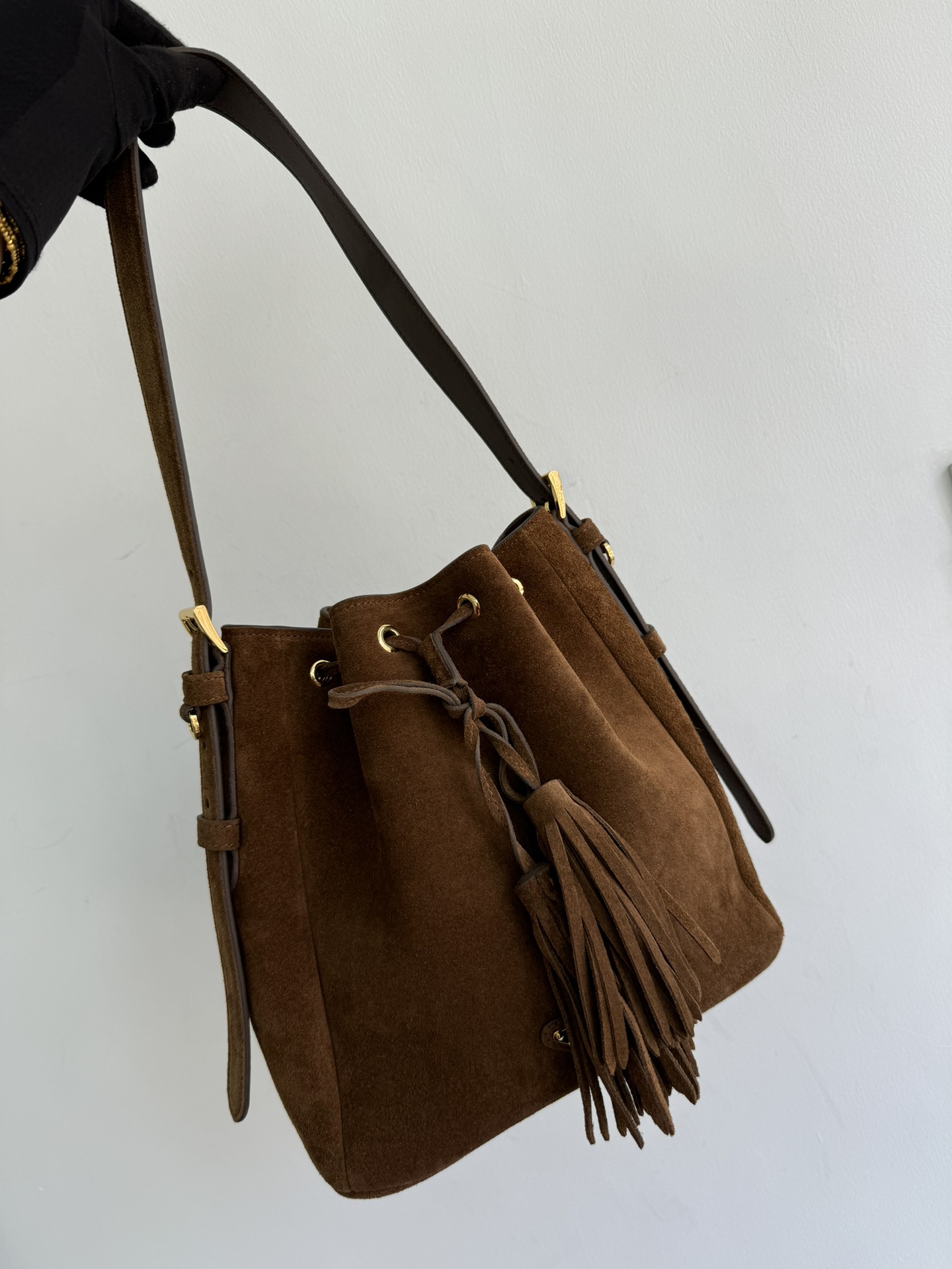 [TOP] PRADA Suede Bucket Bag 24×24cm - Brown