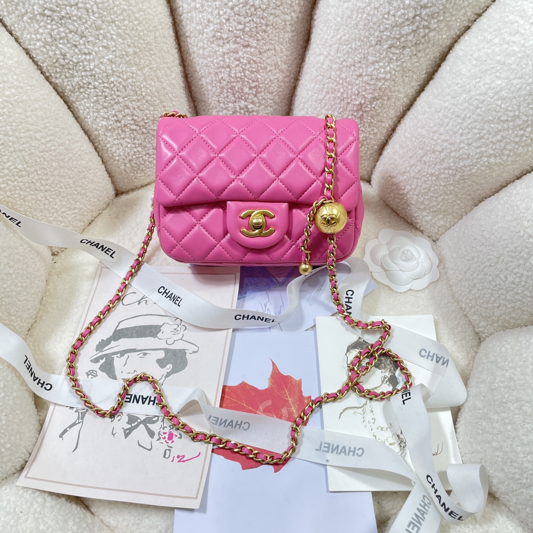 [TOP] CHANEL Classic Flap Bag Gold Ball 13*18*7cm - Rose Pink